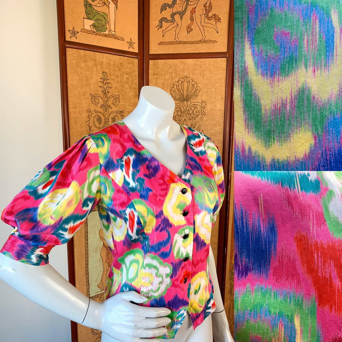 Ungaro Designer 90s Puff Sleeve Blouse — vintage 1990s Ungaro top in pink, multicolour