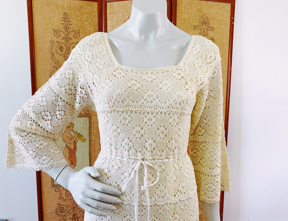 Bell Sleeve Cream Crochet 1970s Maxi Gown — vintage 1970s dress in ivory