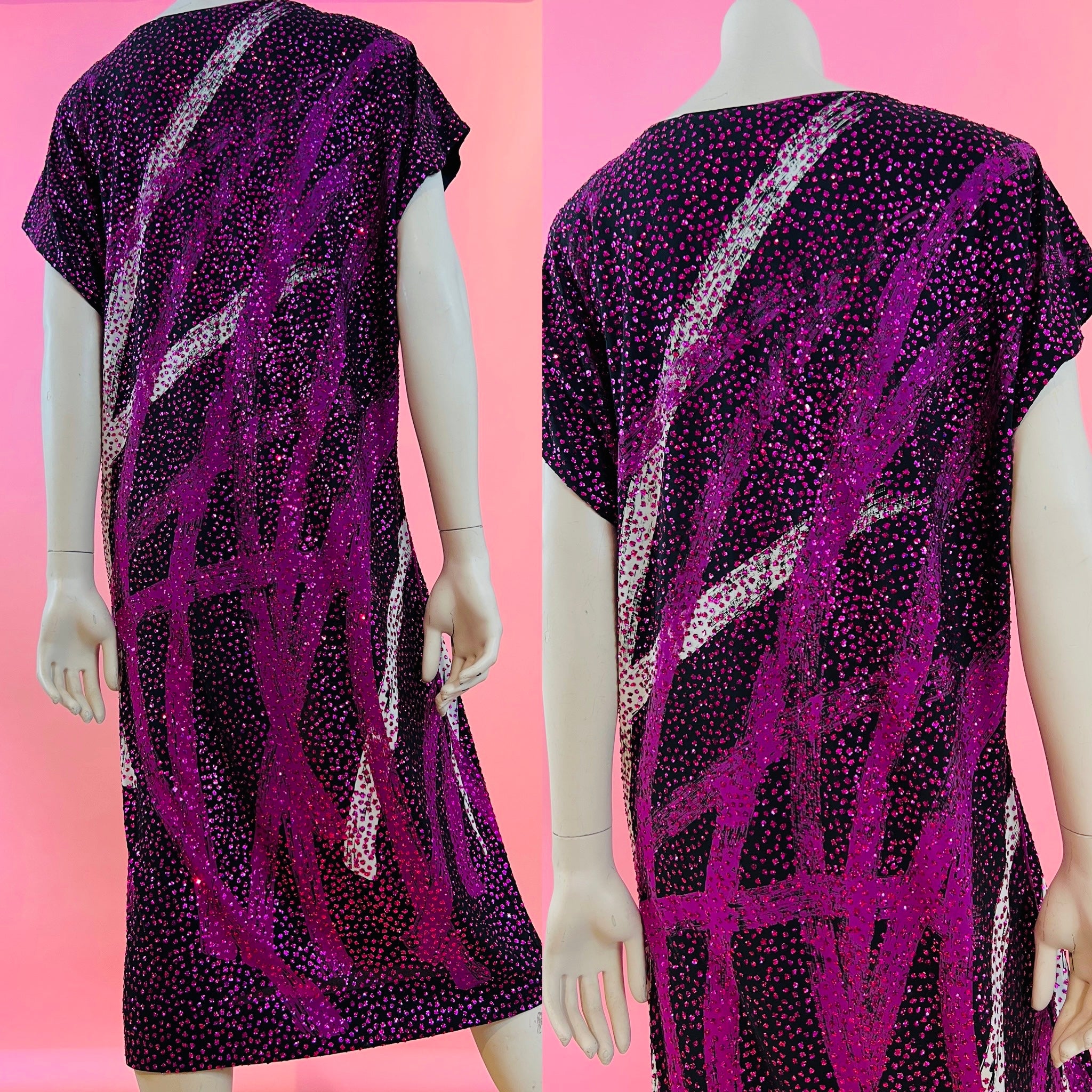 Magenta Glitter Saks Fifth Avenue 70s Disco Caftan — vintage 1970s Saks Fifth Avenue caftan in pink