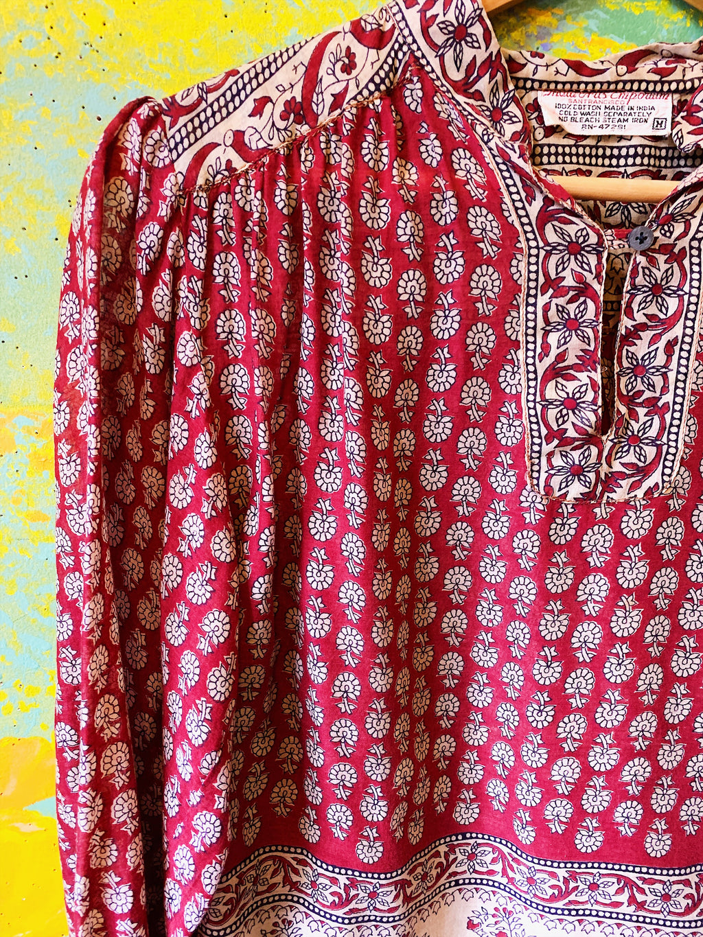 Red & Cream Floral Balloon Sleeve Indian Cotton Blouse — vintage 1970s top in ivory, red
