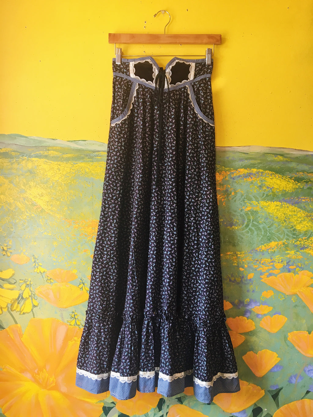 SOLD Navy Blue Floral Gunne Sax Skirt with Lace-Up Waistline — vintage Gunne Sax bottoms in blue