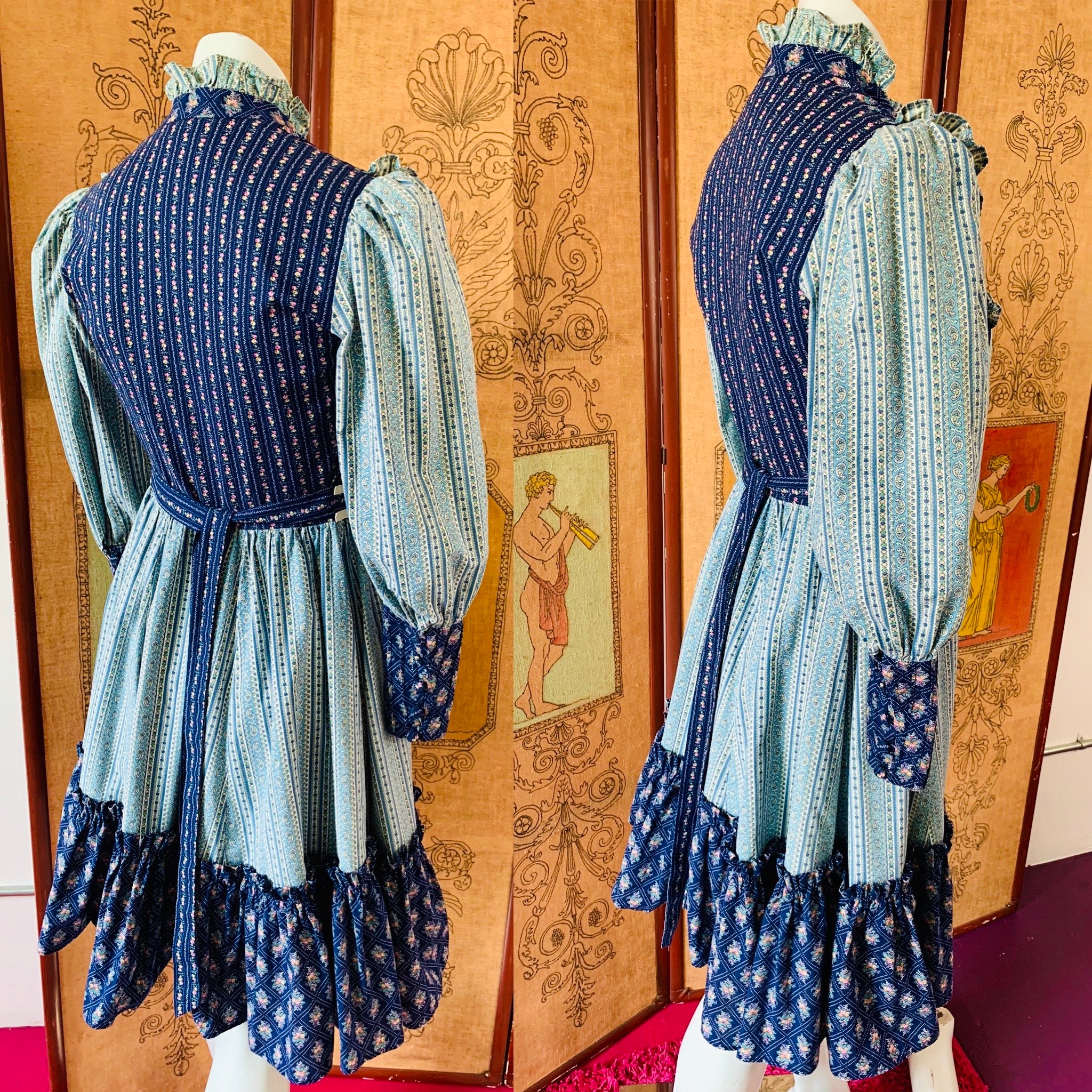 Blue Floral 1970s xs Handmade Pintuck Prairie Dress — vintage 1970s dress in blue