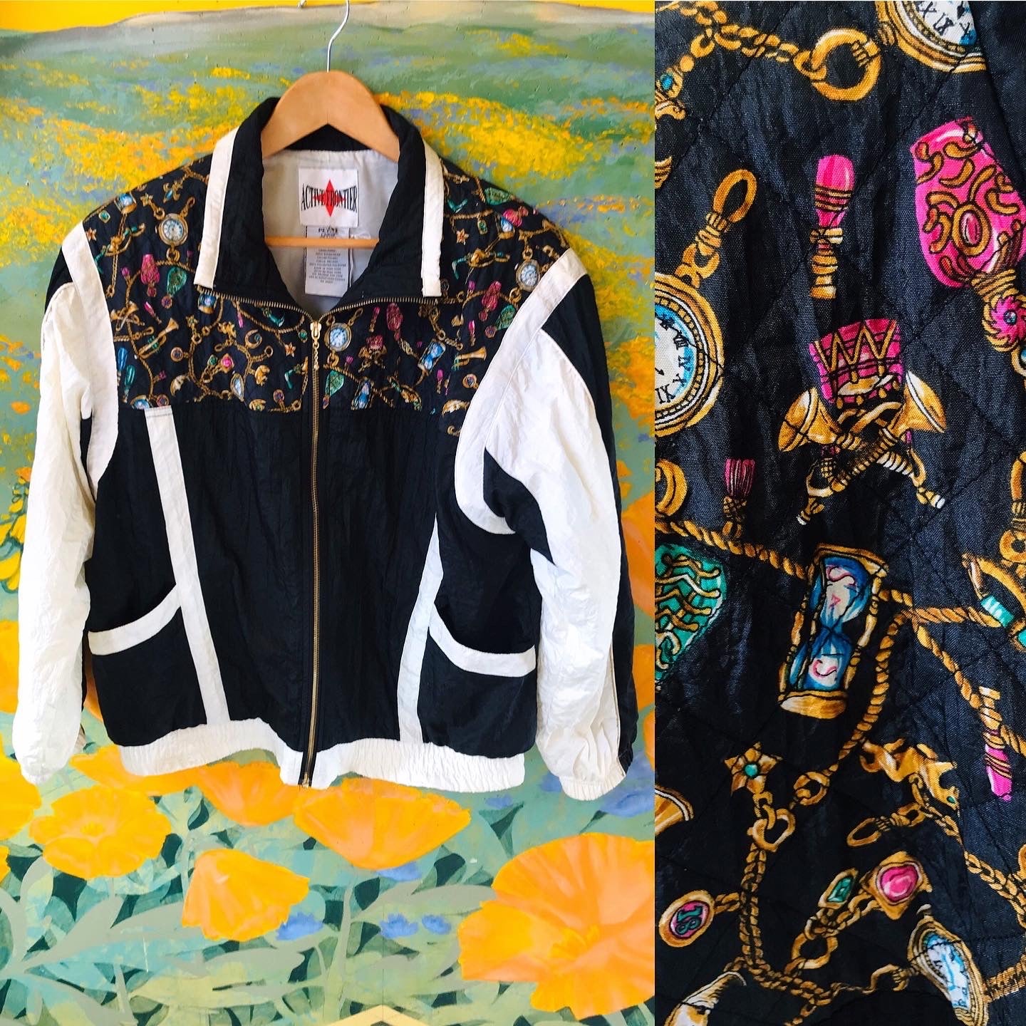 Black & White Quilted Detail Jeweled Charm Print Sporty Nylon Jacket — vintage 1990s jewellery in black, white