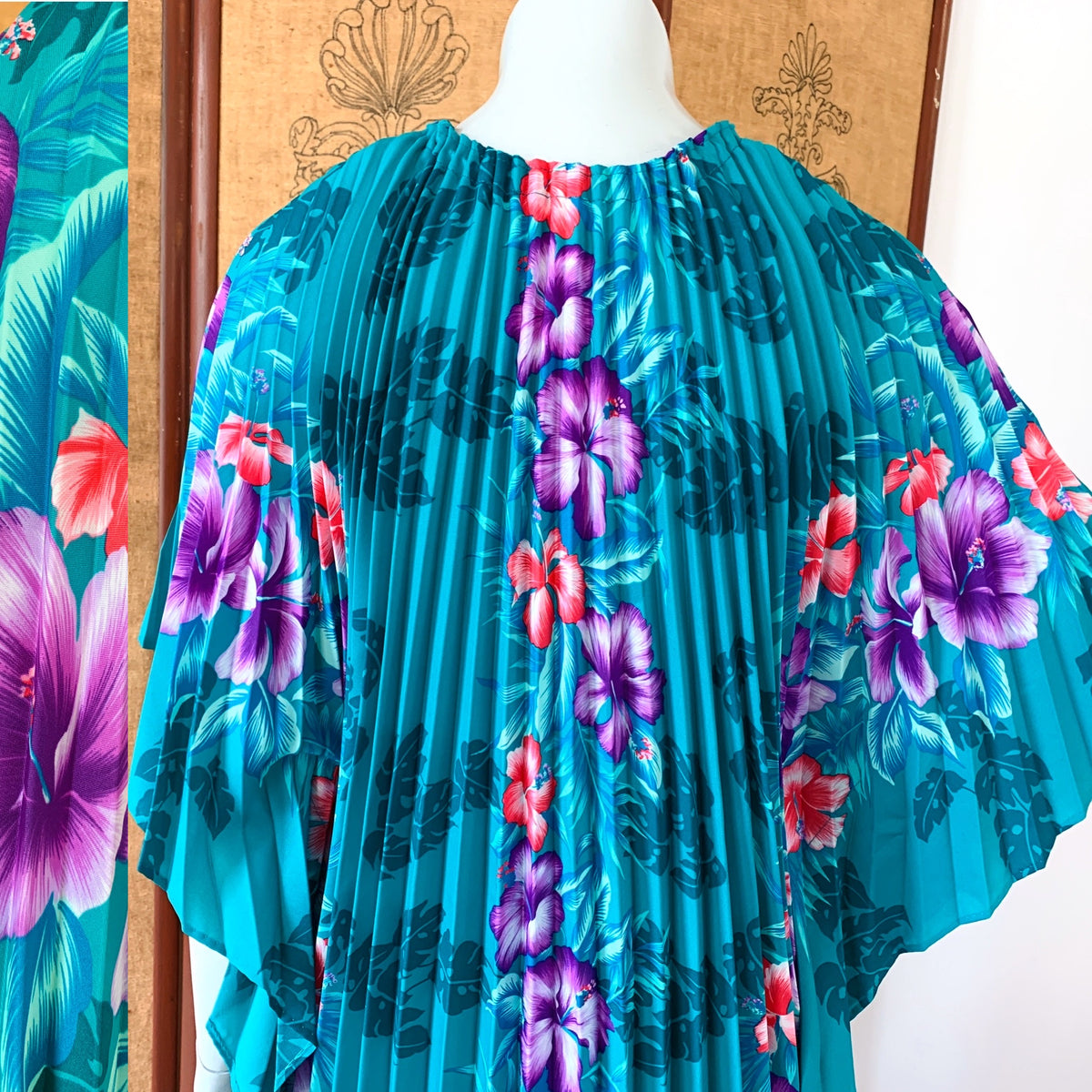 Tropical Green Crystal Pleated 70s Caftan — vintage 1970s caftan in green