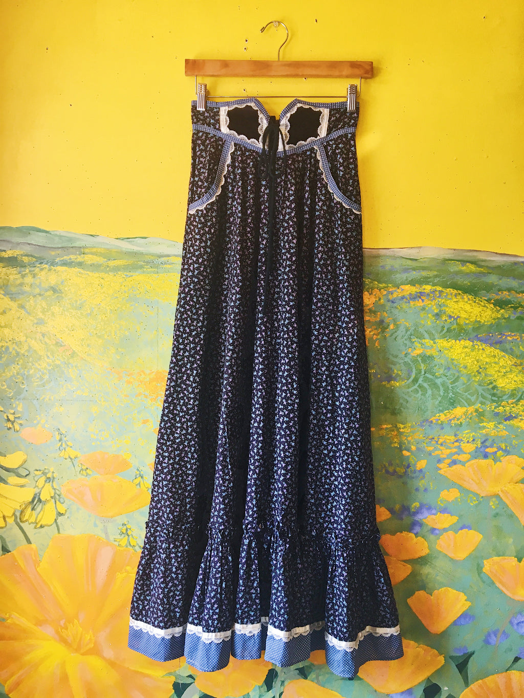 SOLD Navy Blue Floral Gunne Sax Skirt with Lace-Up Waistline — vintage Gunne Sax bottoms in blue