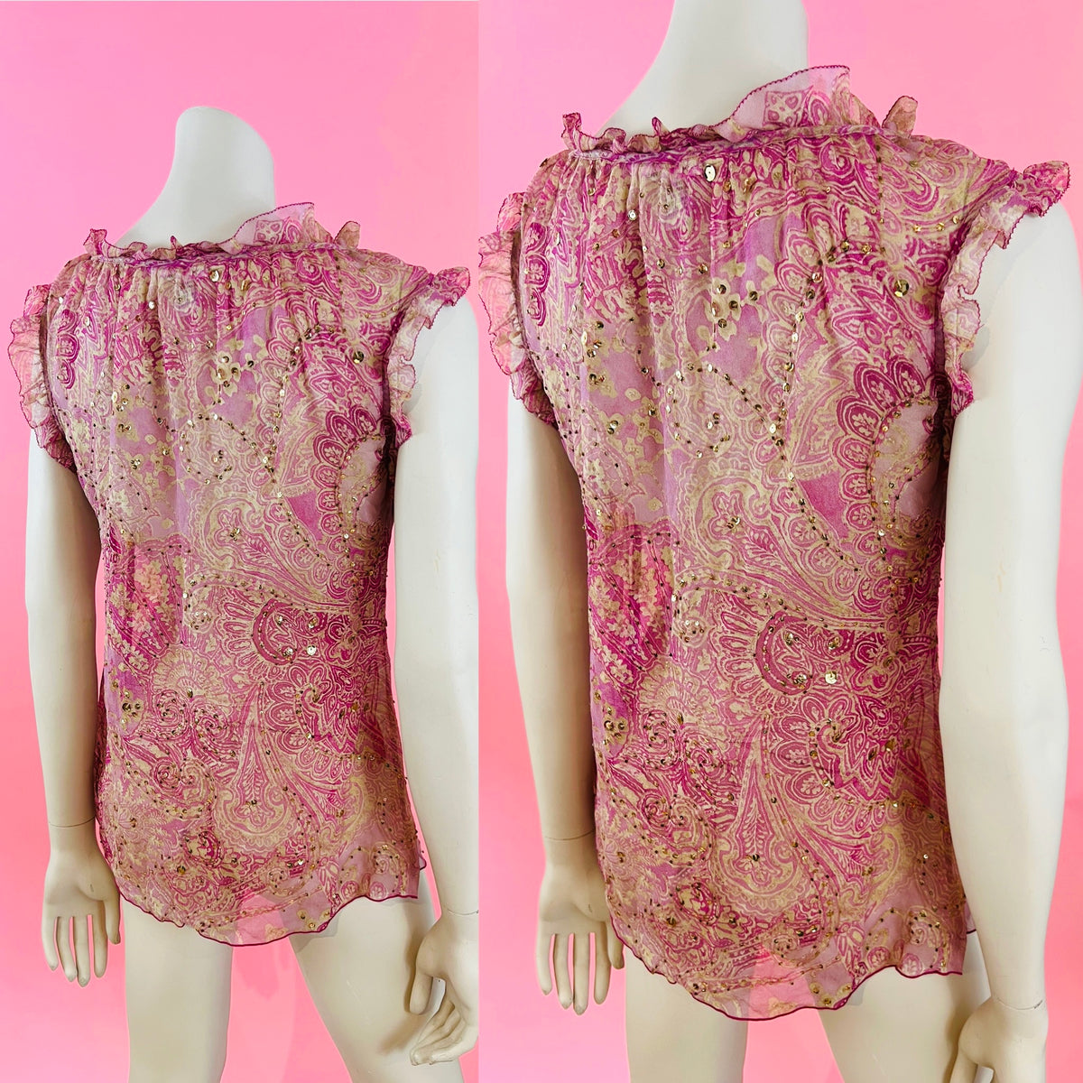 Diane Von Furstenberg Pink Silk Sheer Gold Sequin Tunic — vintage Diane Von Furstenberg caftan in pink, gold