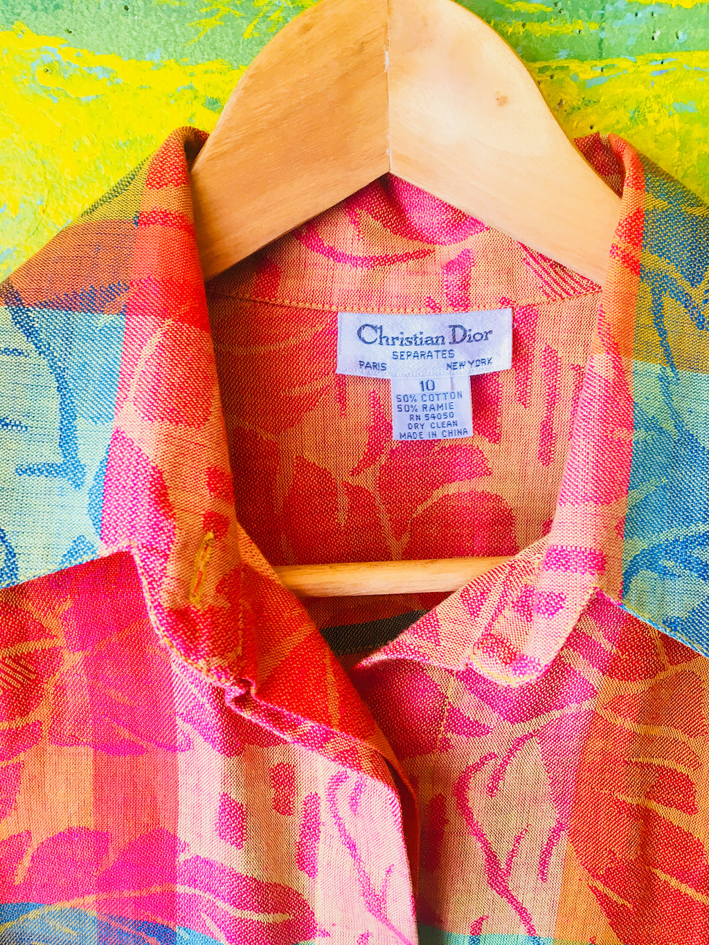 Vibrant Multi-Color Madras Checkered Button Down Blouse by Dior