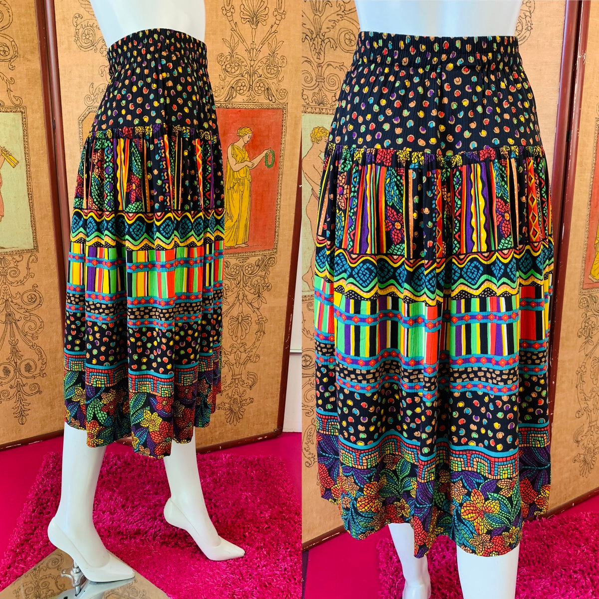 Colorful Wild Print Rayon High Waisted Skirt — vintage bottoms