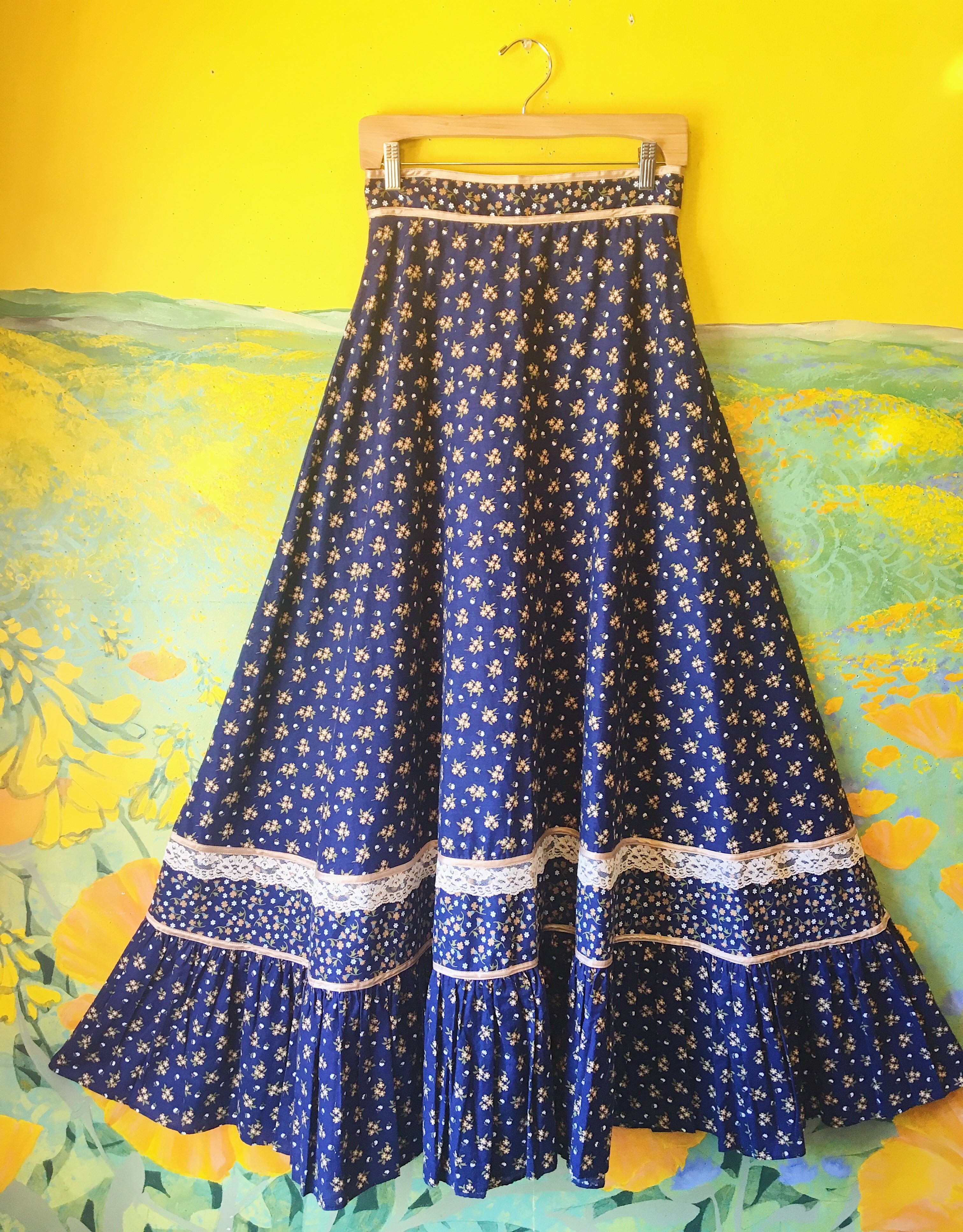 Blue Jasmine Flower Gunne Sax Full Length 1970s Prairie Skirt