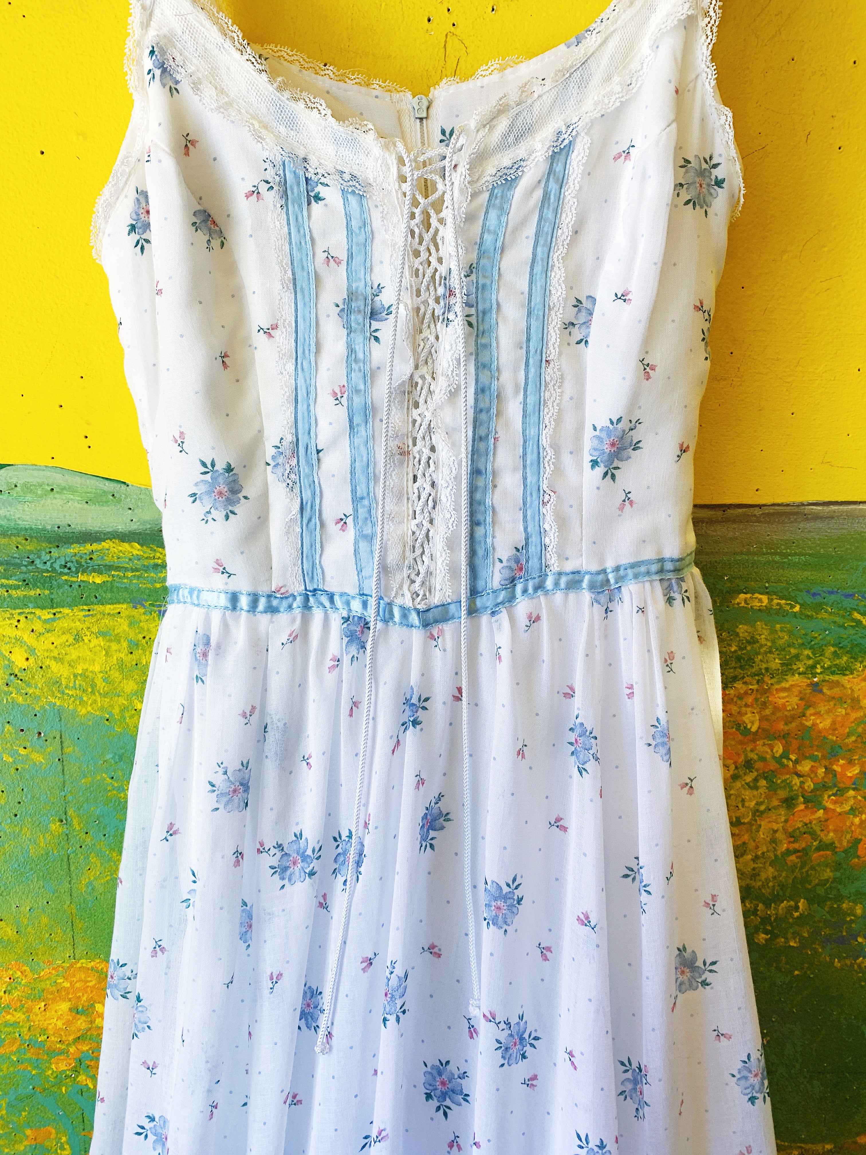 White & Blue Floral Gunne Sax Sleeveless Maxi Dress — vintage 1970s Gunne Sax dress in white, blue