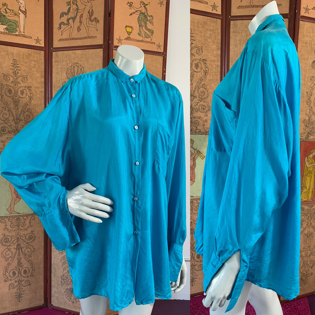 Kenzo Turquoise Silk French Cuff Button Up Blouse — vintage Kenzo jewellery in blue