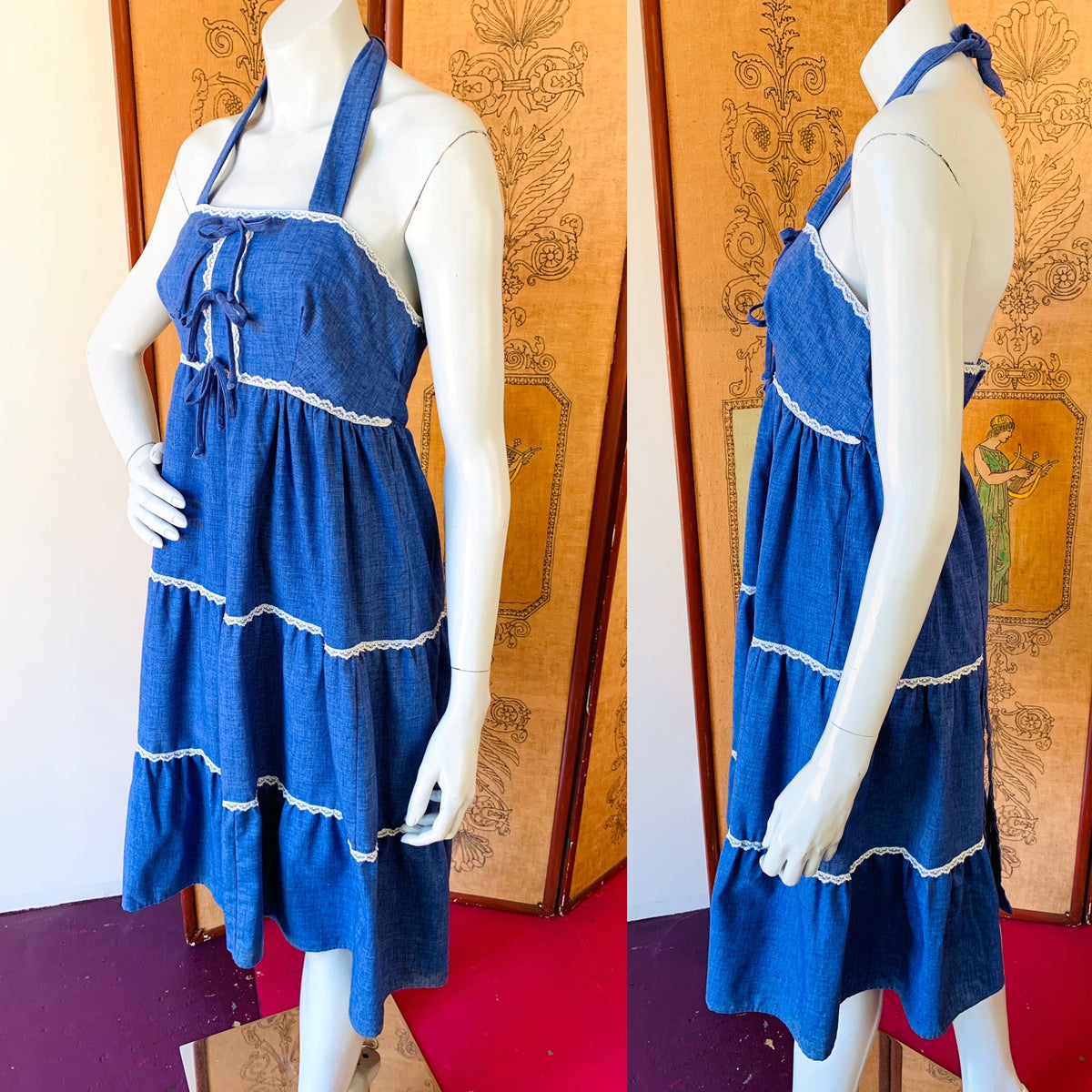Blue 70s Tiered Halter Dress — vintage 1970s dress in blue