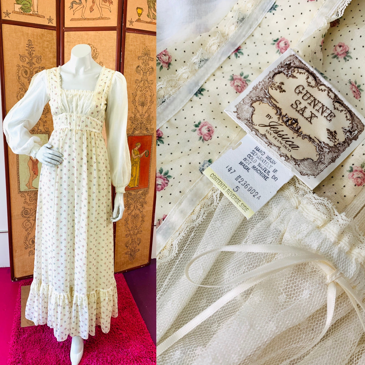 This is a hippie dream dress.  An example of one of the best Gunne Sax dresses we have seen.  Look at the sleeve details!