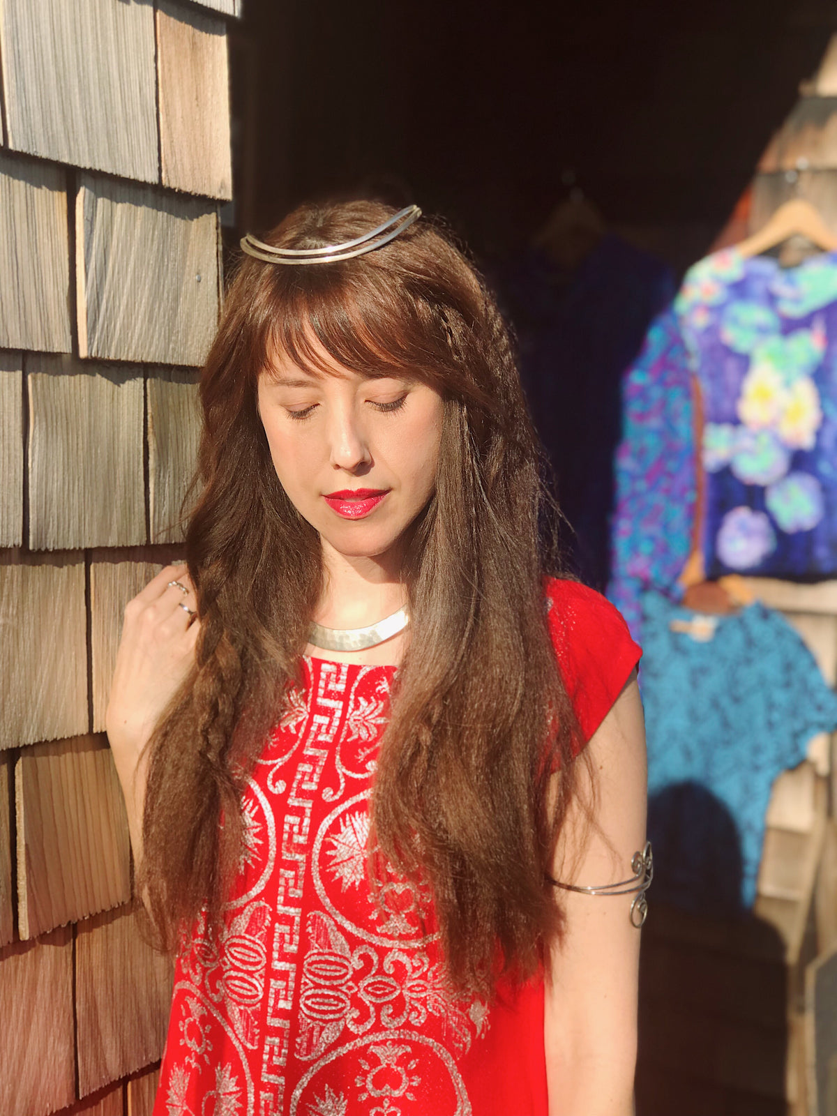 Angelic Red Silver Print Maxi Dress. Sold exclusively at Empress Vintage in Berkeley, CA.