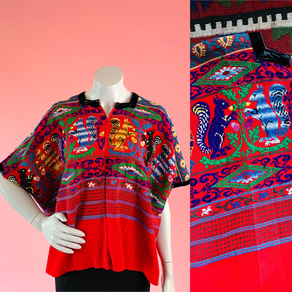 Embroidered Animals Red Cotton Huipil — vintage caftan in red
