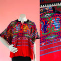 Embroidered Animals Red Cotton Huipil — vintage caftan in red