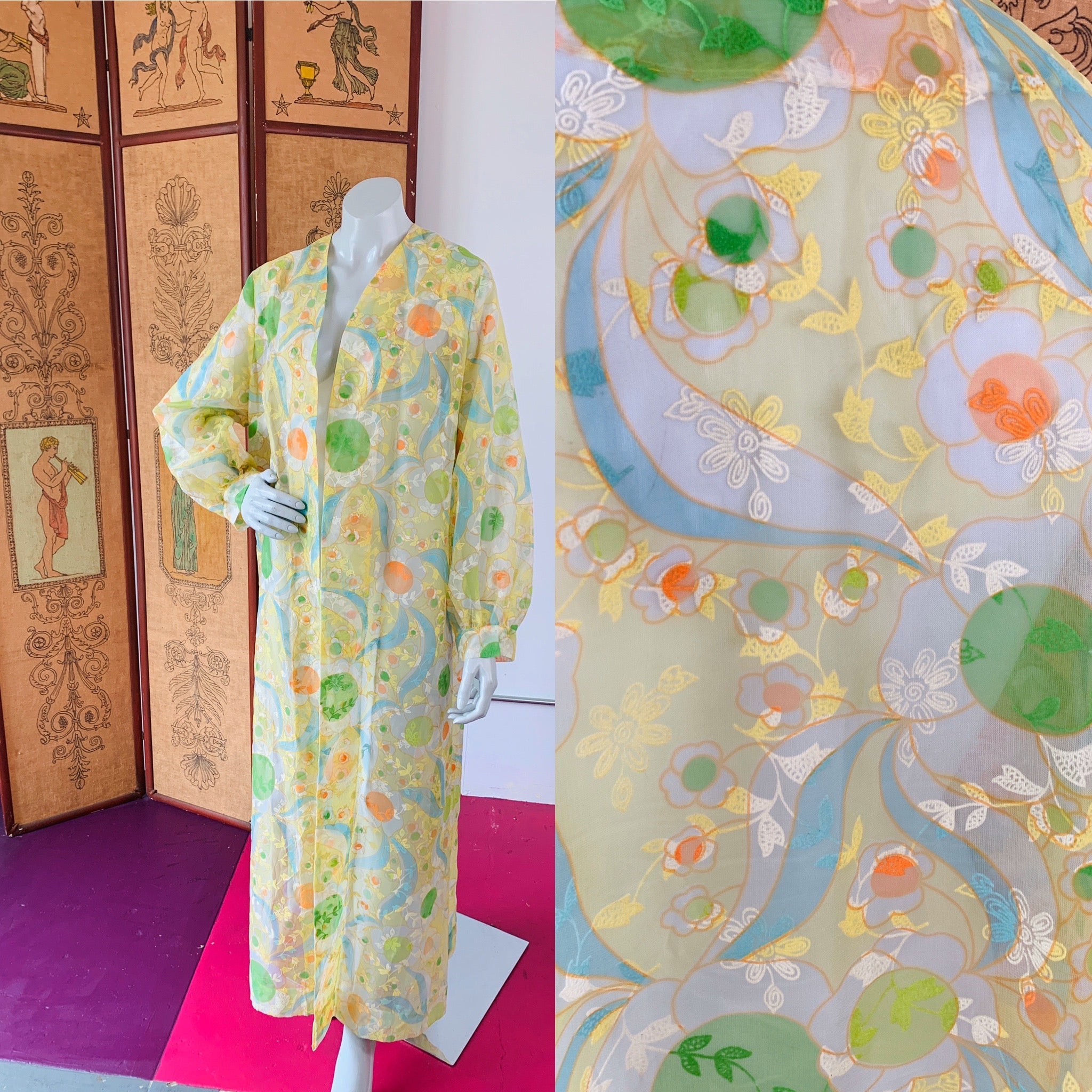 Psychedelic Sheer Flocked 1970s Duster — vintage 1970s caftan in multicolour