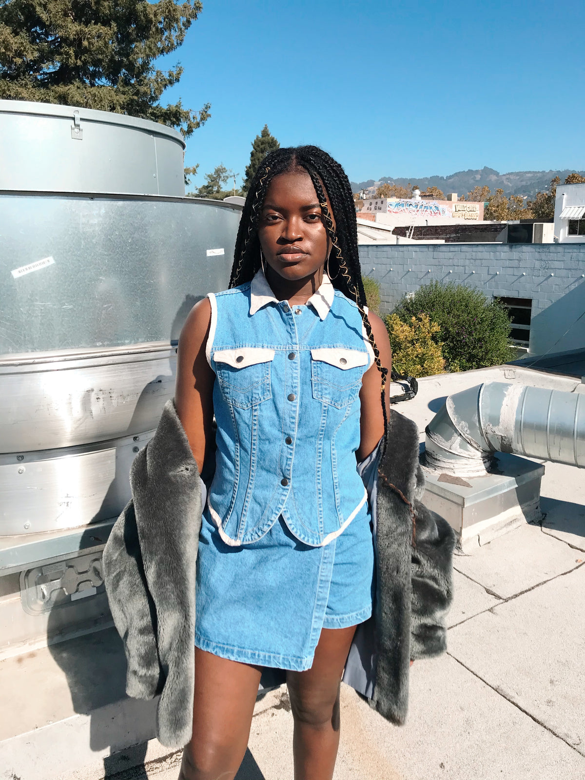 Two Piece Denim Set Skort & Snap Up Top — vintage 1990s top in blue