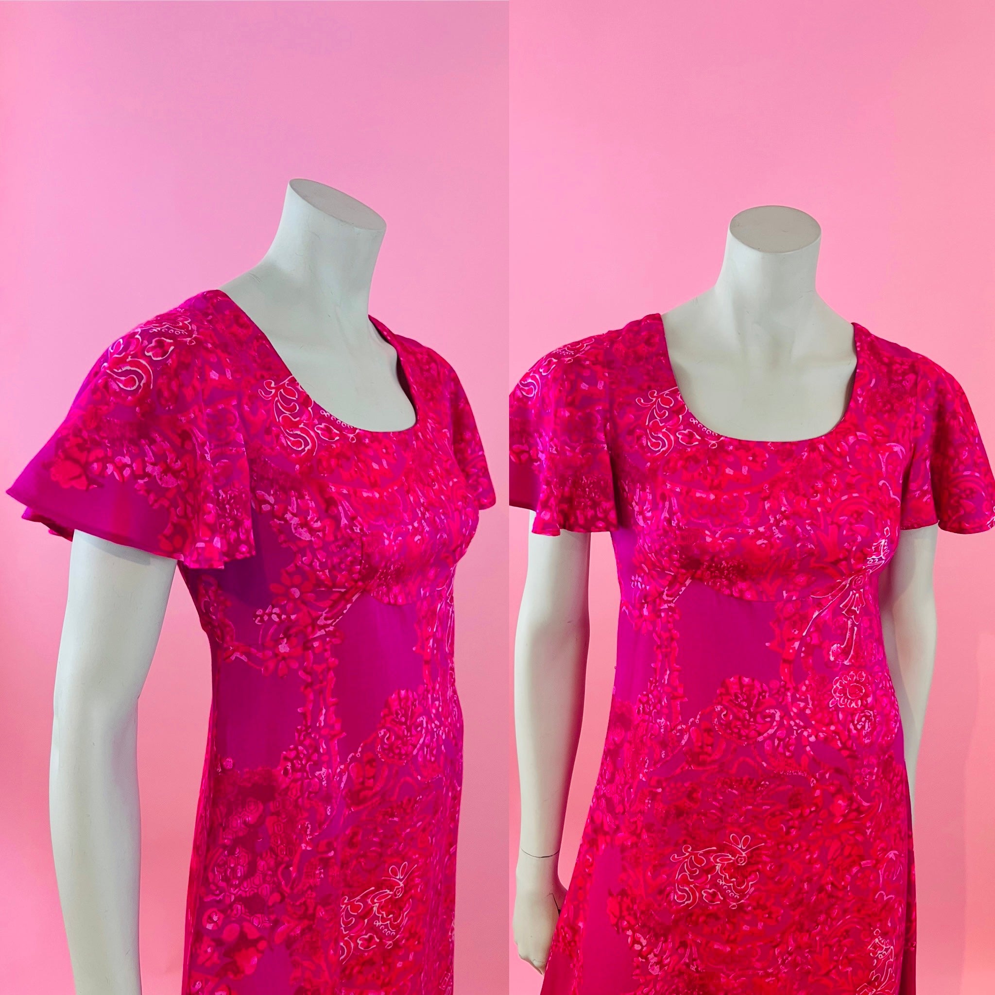 Hot Pink 60s/70s Flutter Sleeve Hawaiian Maxi Dress — vintage 1960s Sa-Ne dress in pink