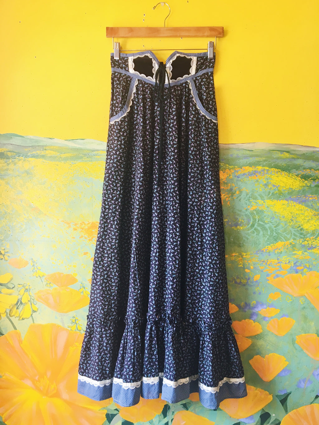 SOLD Navy Blue Floral Gunne Sax Skirt with Lace-Up Waistline — vintage Gunne Sax bottoms in blue
