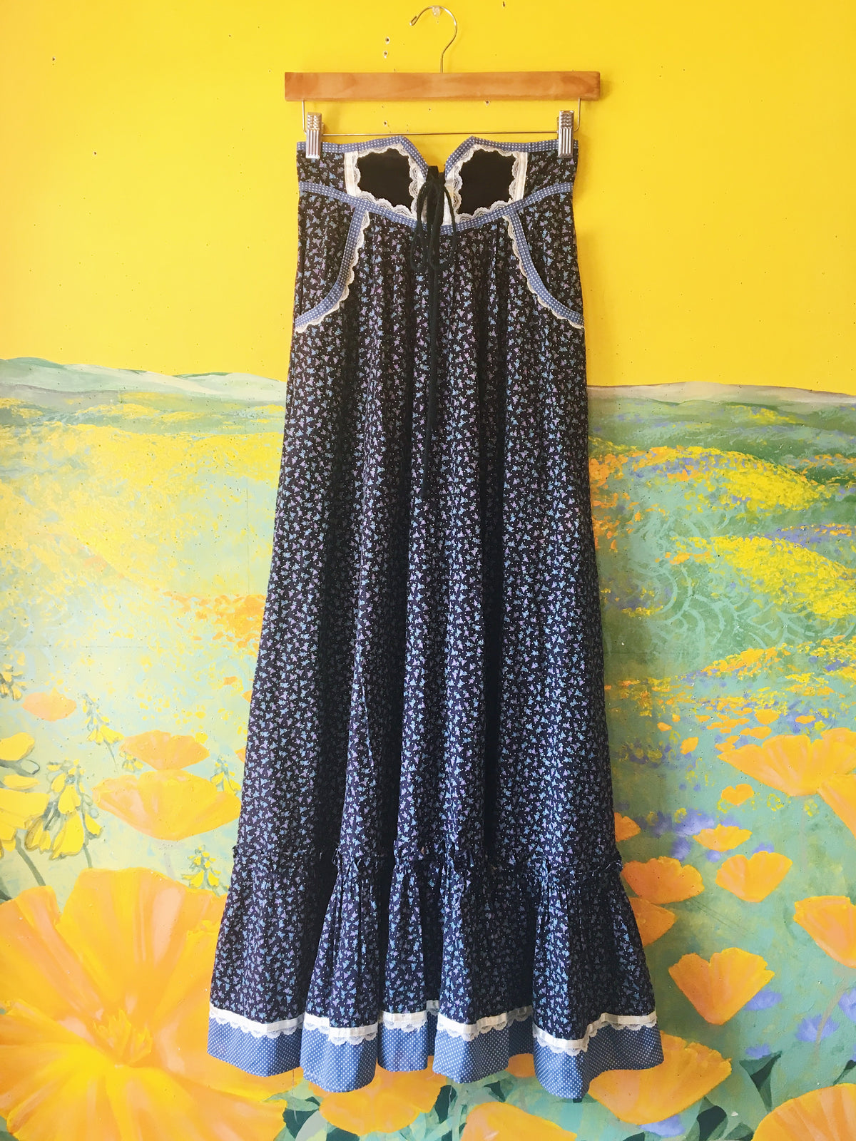 SOLD Navy Blue Floral Gunne Sax Skirt with Lace-Up Waistline — vintage Gunne Sax bottoms in blue