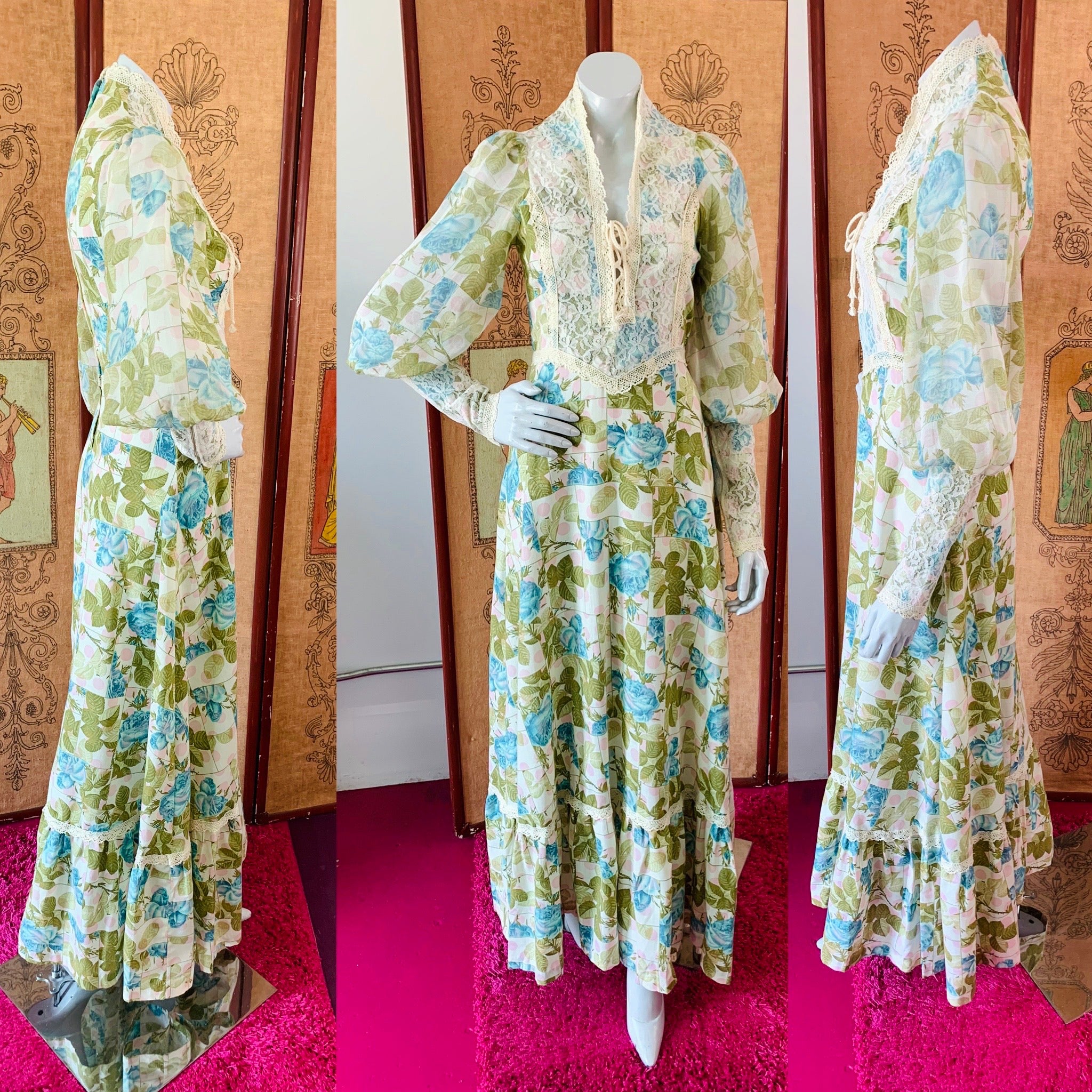 Pastel Rose Print Poet Sleeve 70s Lace Detailed Renaissance Maxi Dress — vintage 1970s dress in pink