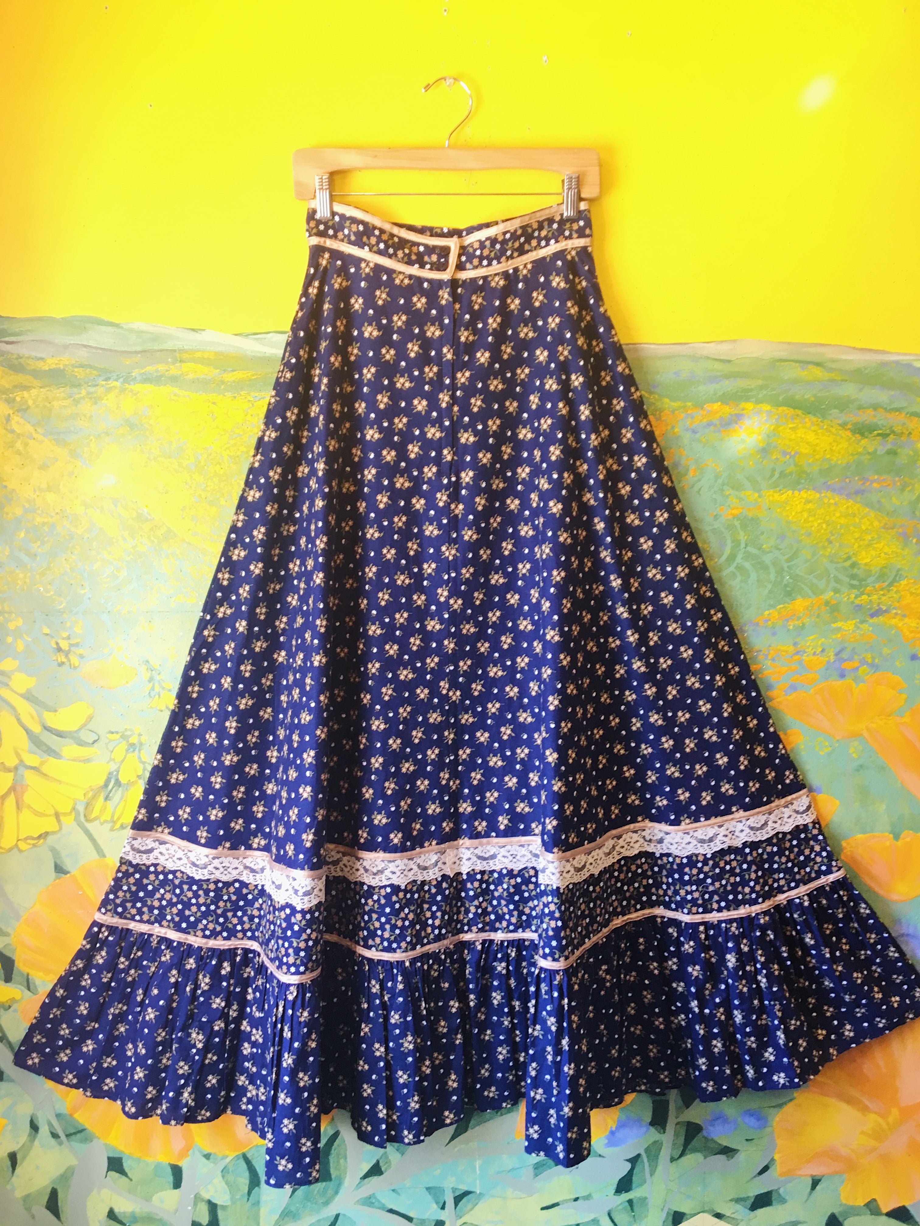 Blue Jasmine Flower Gunne Sax Full Length 1970s Prairie Skirt
