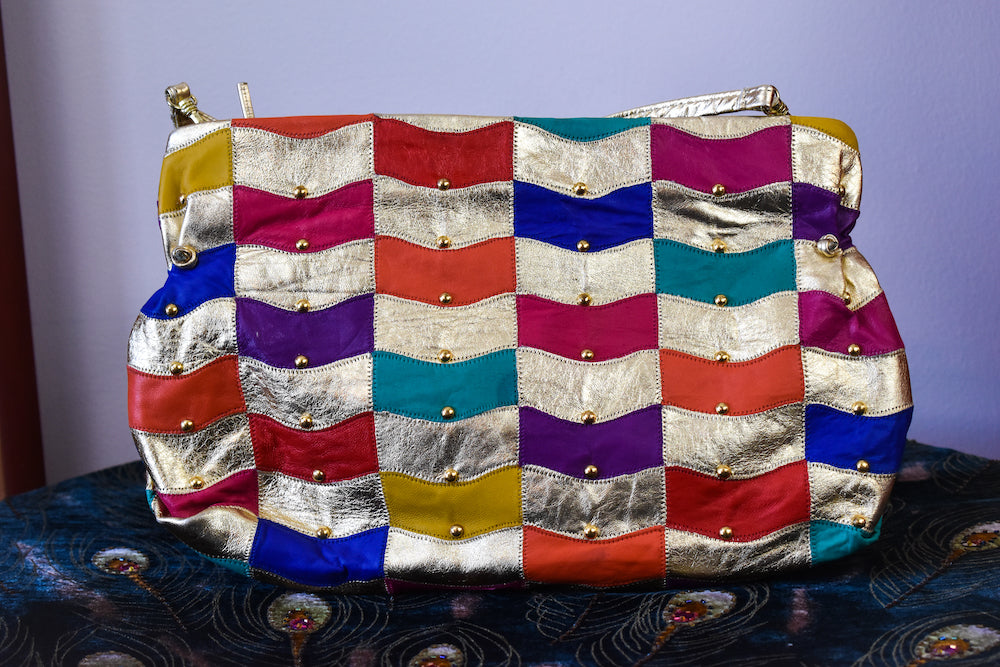 Gold Leather Studded Rainbow Patchwork Purse — vintage 1980s Avanté bag in gold, multicolour