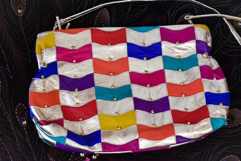 Gold Leather Studded Rainbow Patchwork Purse — vintage 1980s Avanté bag in gold, multicolour