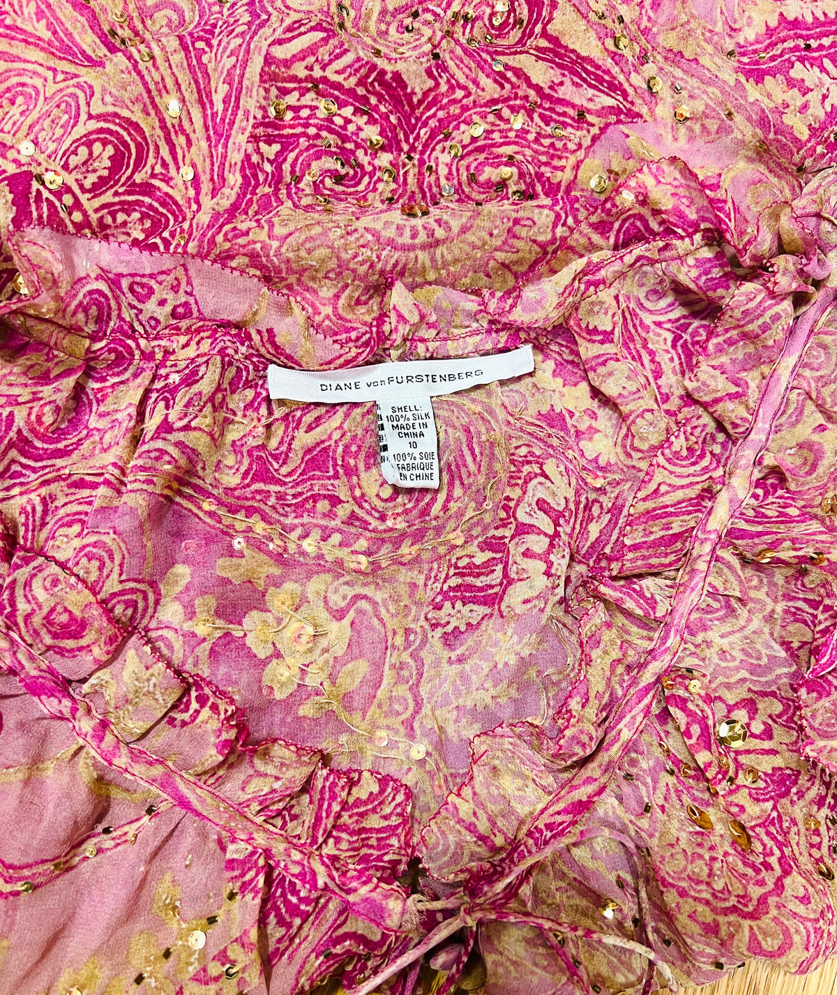 Diane Von Furstenberg Pink Silk Sheer Gold Sequin Tunic — vintage Diane Von Furstenberg caftan in pink, gold