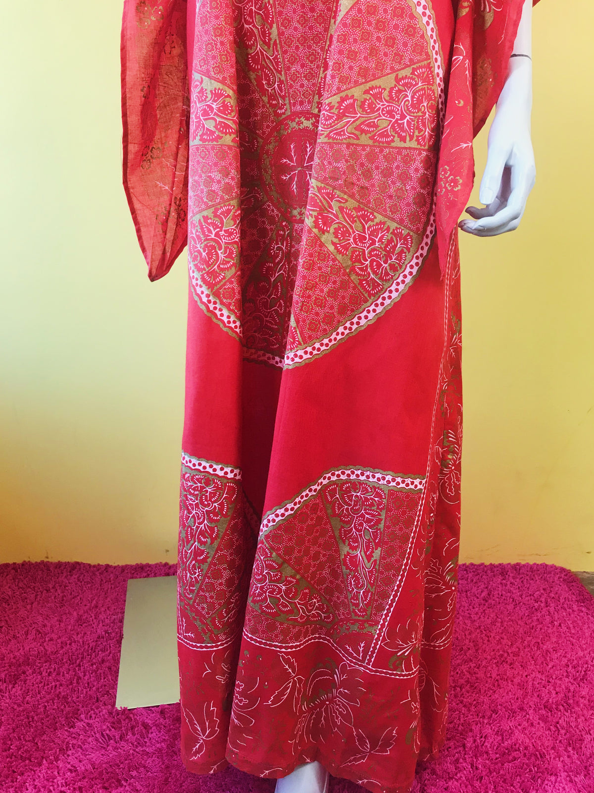 1970s Auburn Patterned Maxi Caftan Dress — vintage 1970s dress in red, gold