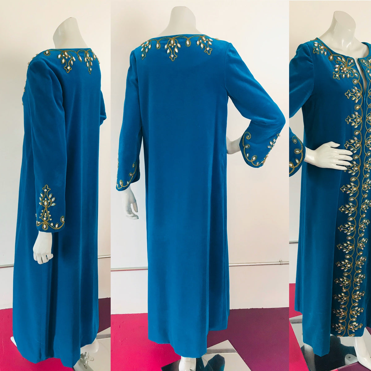 Turquoise High Priestess 1960s Bejeweled Velvet Caftan — vintage 1960s Malouf Design caftan in blue