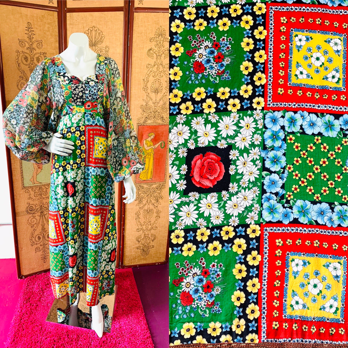 70s Flower Power Patchwork Print Balloon Sleeve Maxi Dress — vintage 1970s dress