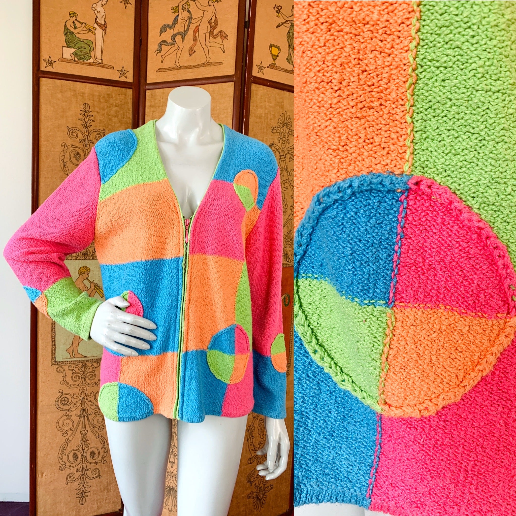 Rainbow sherbet neon colorblock 90s zip up cotton sweater from Empress Vintage!