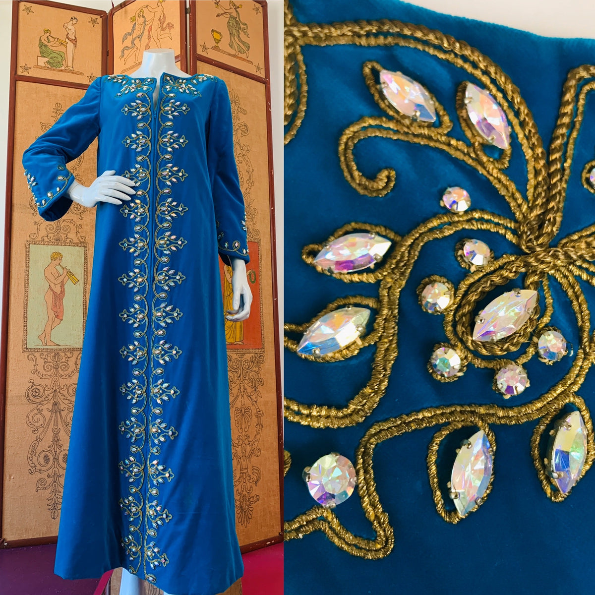 Turquoise High Priestess 1960s Bejeweled Velvet Caftan — vintage 1960s Malouf Design caftan in blue