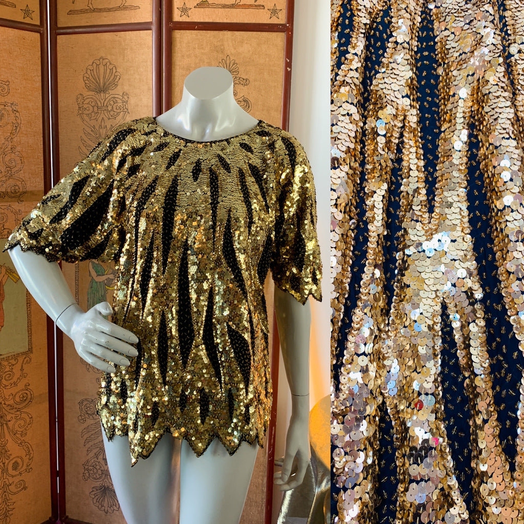 Gold Sequin & Beaded Semi Sheer Fairy Hem Top — vintage 1980s top in gold