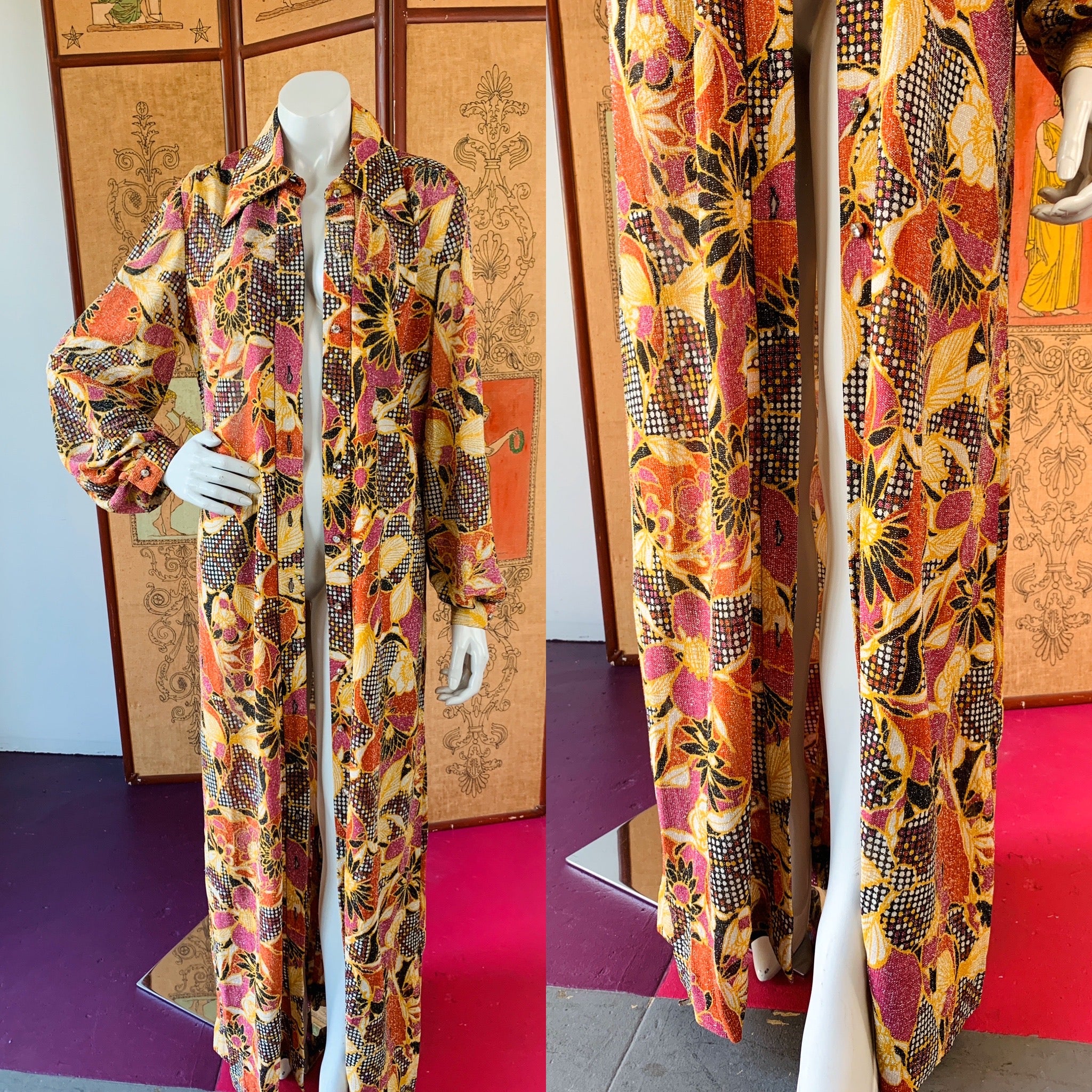 1970s Metallic Disco Maxi Dress Duster with Rhinestone Buttons — vintage 1970s dress in multicolour