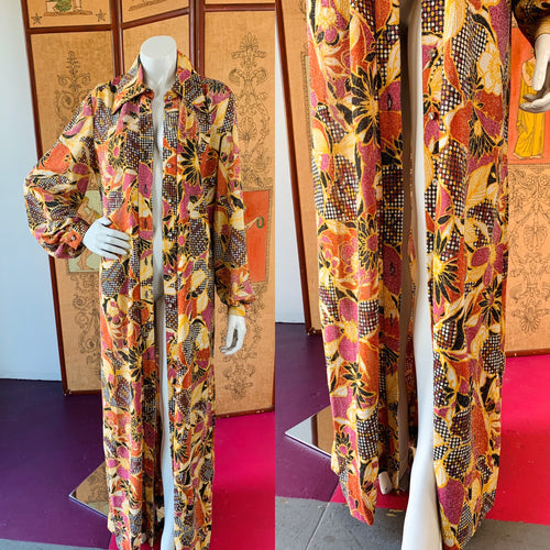 1970s Metallic Disco Maxi Dress Duster with Rhinestone Buttons — vintage 1970s dress in multicolour