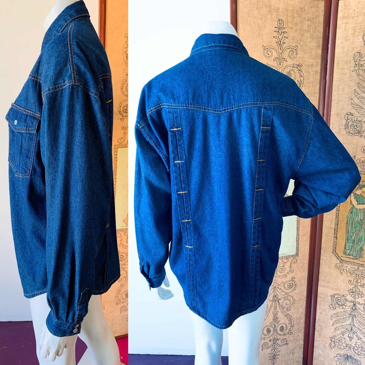 Denim Pearl Snap Long Sleeve Shirt — vintage 1990s top in blue