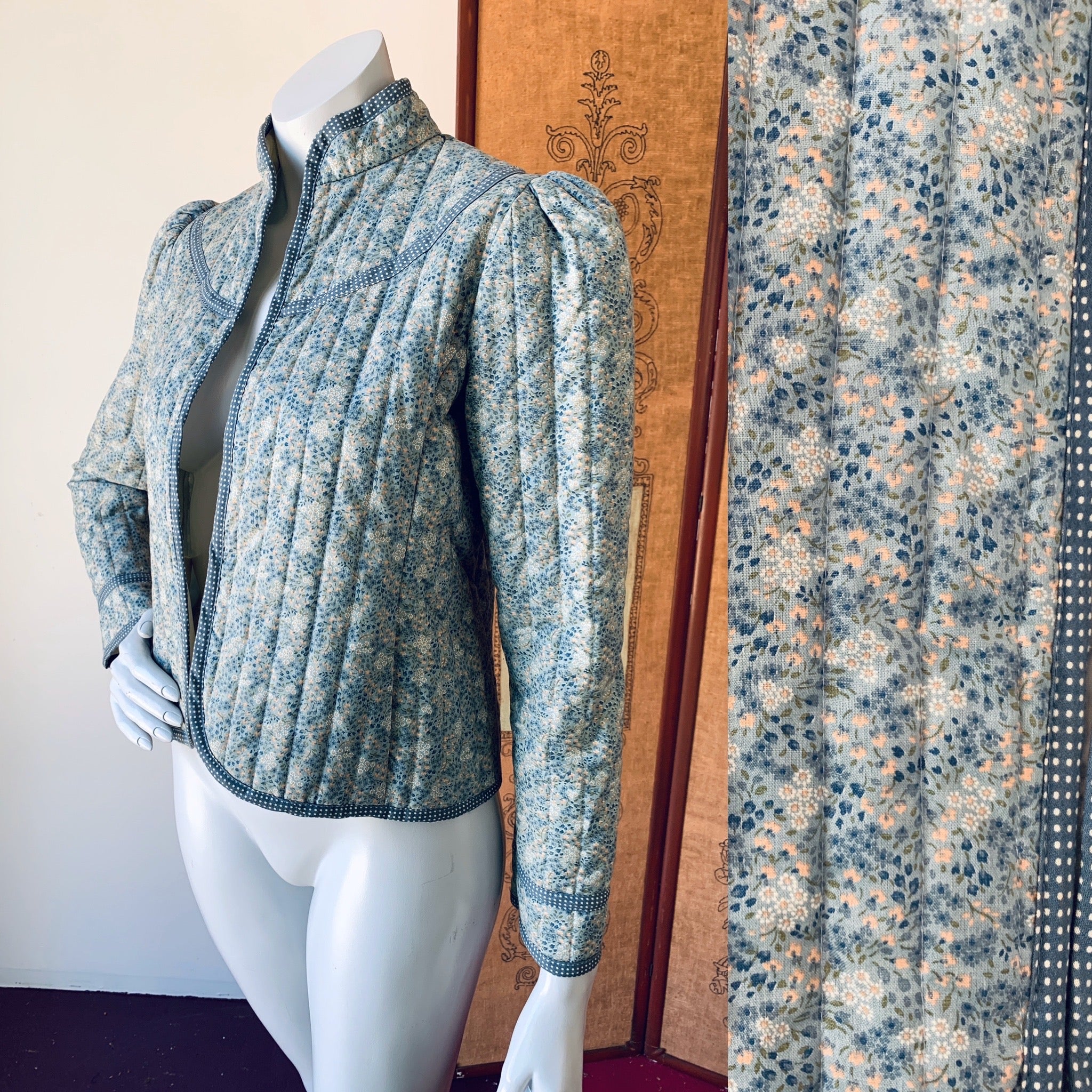 Gunne Sax Quilted Calico Jacket with Pockets — vintage Gunne Sax jacket in blue
