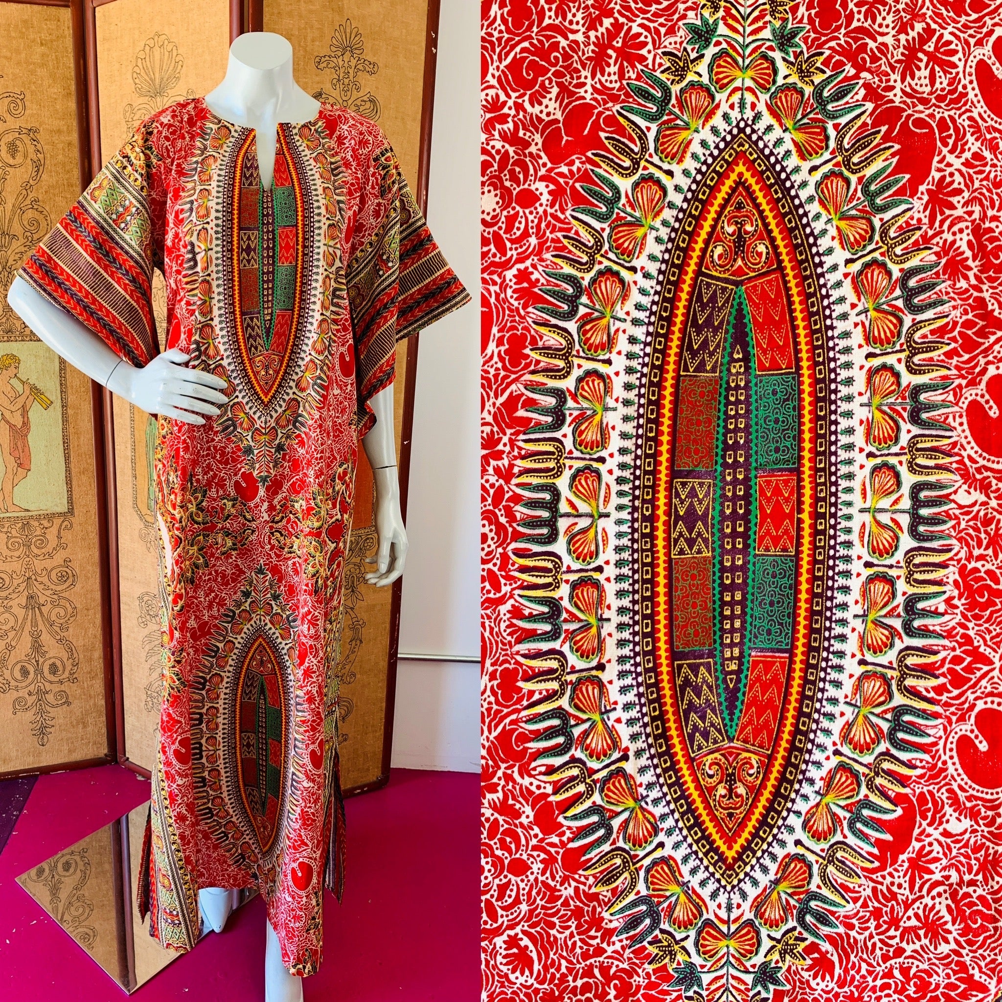 Angel Sleeve 70s Vibrant Block Print Caftan available at Empress Vintage in Berkeley and San Francisco.