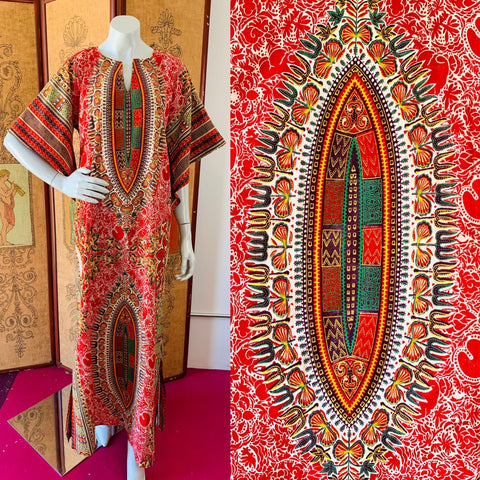 Angel Sleeve 70s Vibrant Block Print Caftan available at Empress Vintage in Berkeley and San Francisco.  