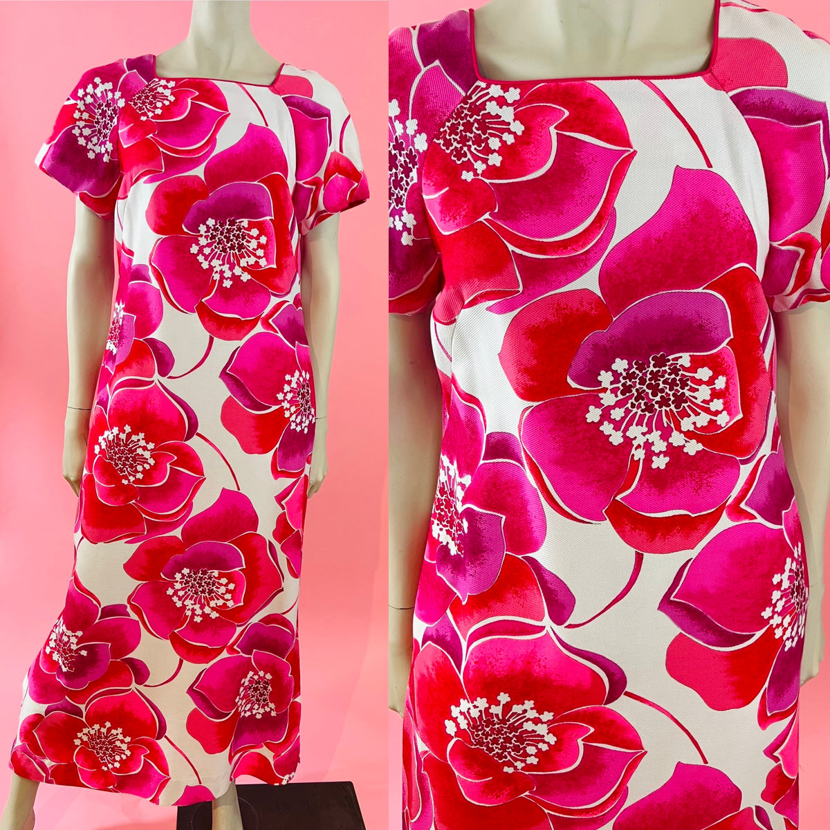 60s/70s Bold Tropical Pink Maxi Dress — vintage 1960s Alice Polynesian Fashions dress in pink