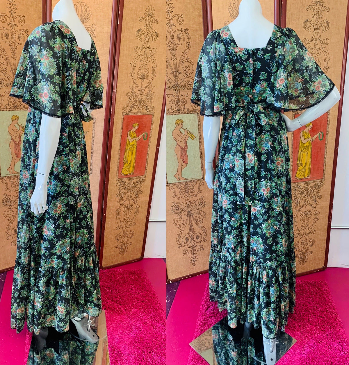 Crochet Detailed 1970s Midnight Floral Flutter Sleeve Maxi Dress — vintage 1970s Candi Jones dress in black