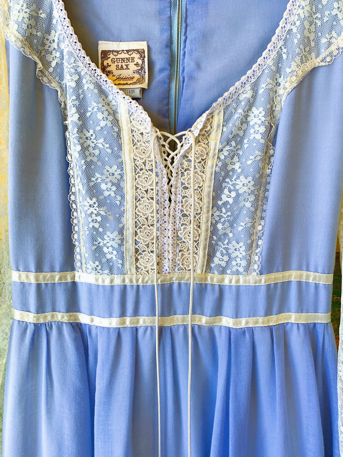 Powder Blue Lace Gunne Sax Long Sleeve Maxi Dress — vintage Gunne Sax dress in blue