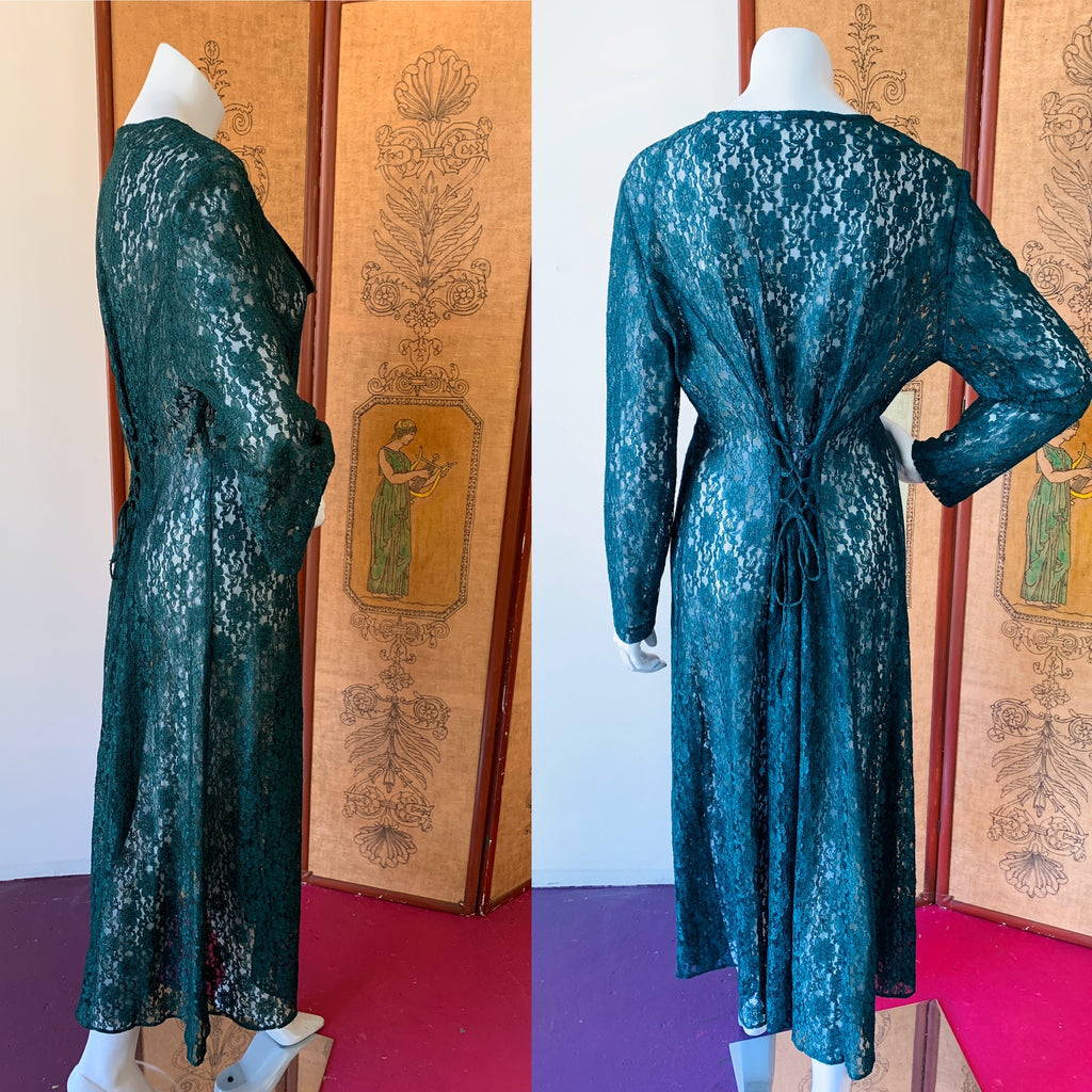 Forest Green Lace Up Back Full Lace Maxi Dress — vintage 1990s dress in green