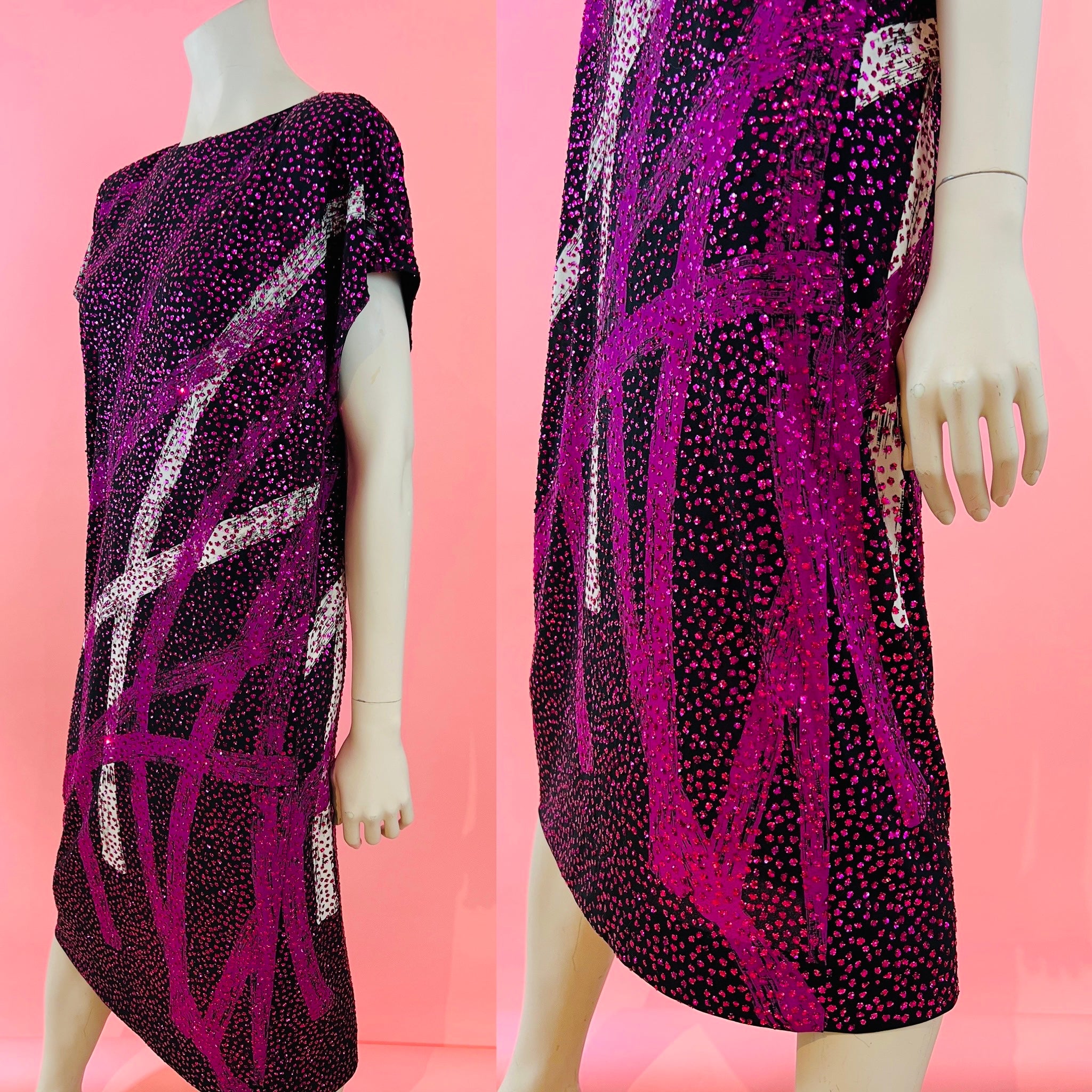 Magenta Glitter Saks Fifth Avenue 70s Disco Caftan — vintage 1970s Saks Fifth Avenue caftan in pink