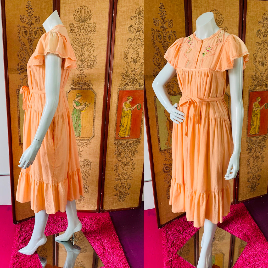 Peach Indian Cotton Embroidered Dress — vintage dress in orange