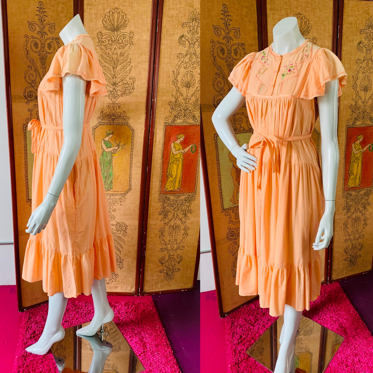 Peach Indian Cotton Embroidered Dress — vintage dress in orange