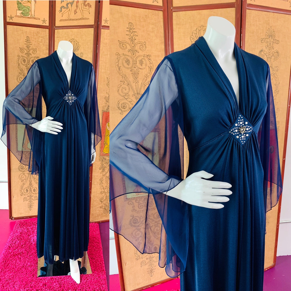 Angel sleeve rhinestone detailed vintage maxi dress with the most epic sleeves!